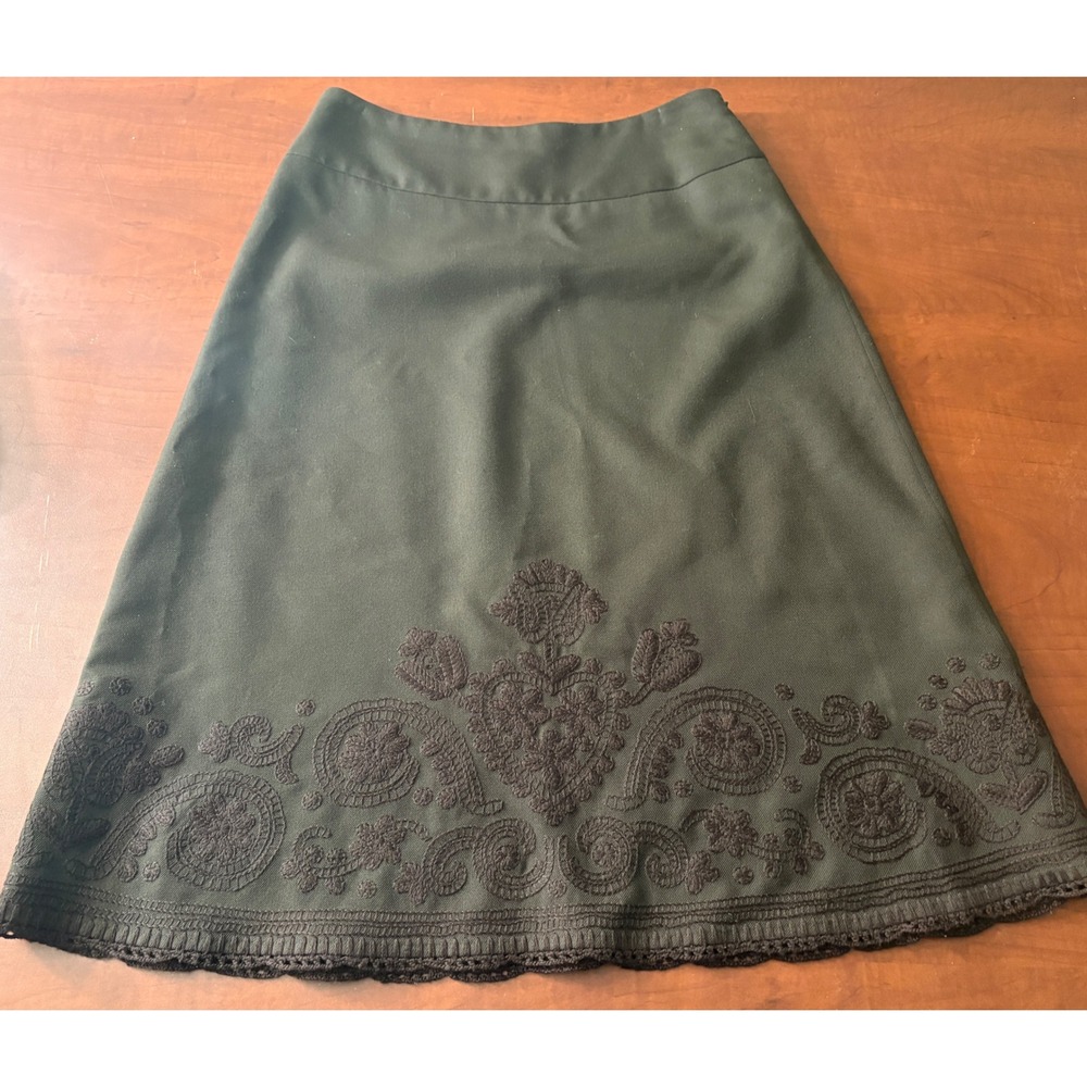 Ann Taylor LOFT Brown Embroidered A-Line Skirt Crochet Trim Size 4 Bohemian Knee